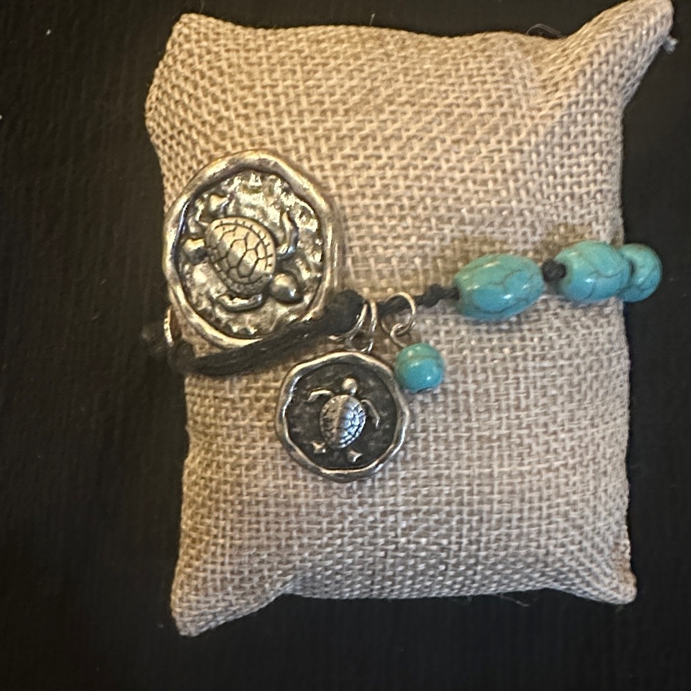 Turquoise and Silver Turtle Charm Bracelet